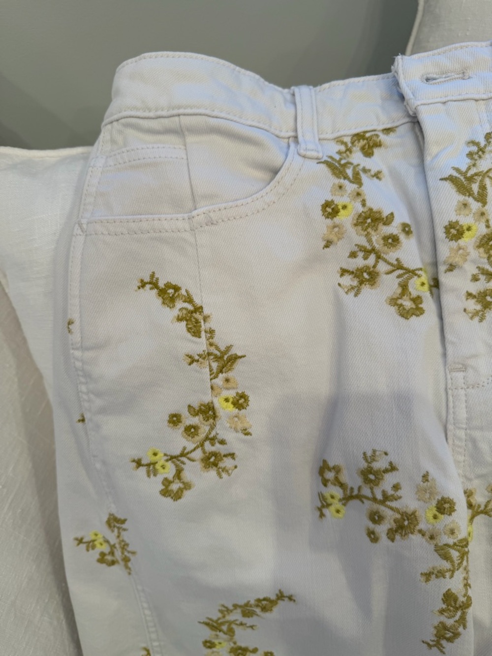 Anthropologie cream barrel Pants with Yellow/green Floral Embroidery - Picture 13 of 16